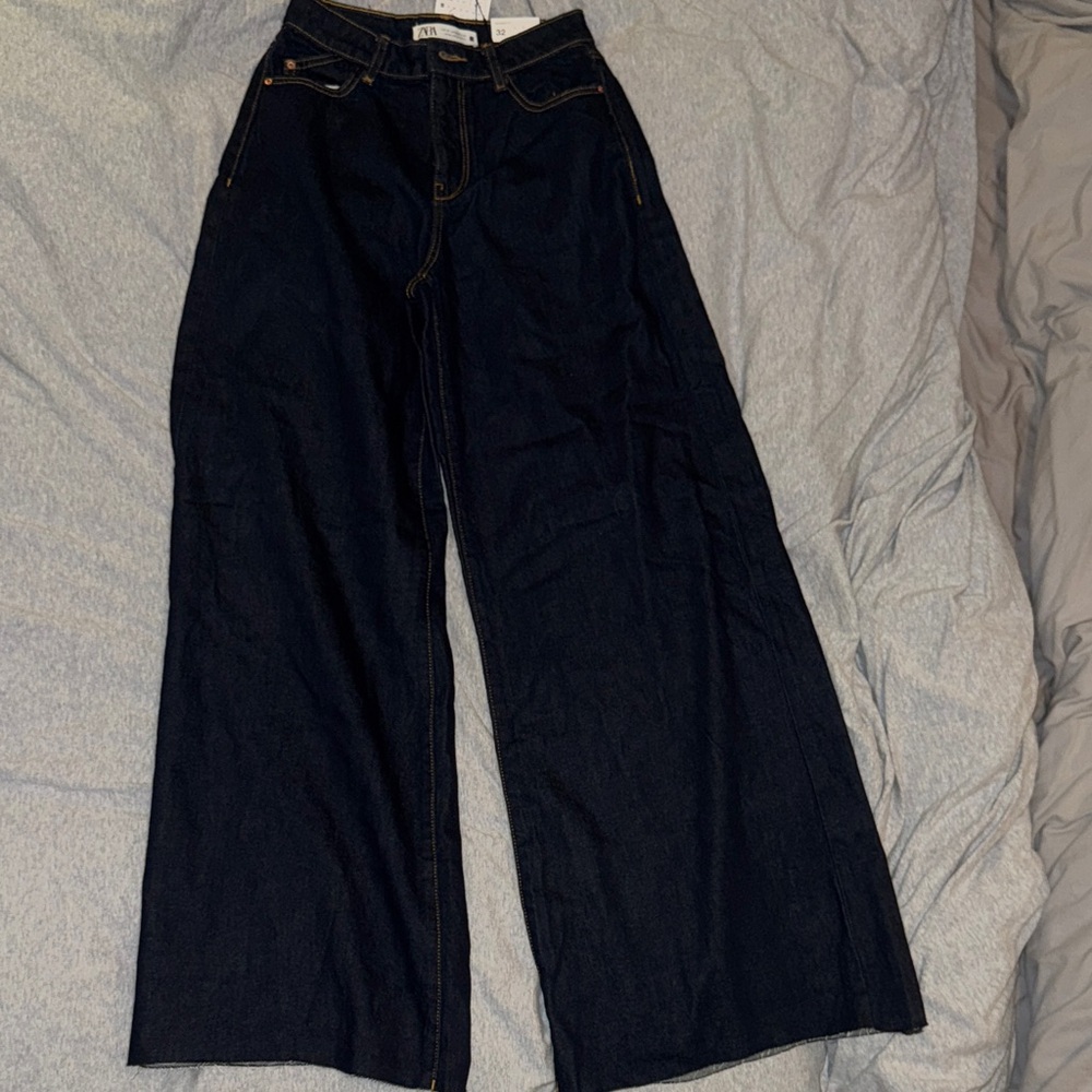 Zara Women’s Palazzo Fit Dark Blue Flare Wide-Leg Jeans
